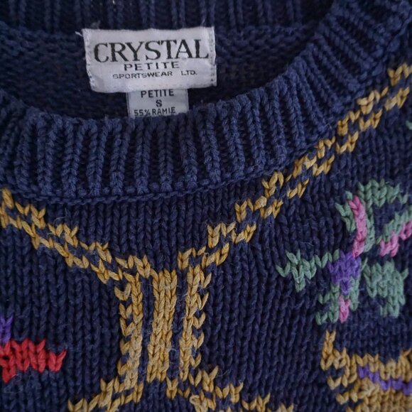 Vintage Crystal Petite Navy Floral Knit Sweater Grandmacore Eclectic Grandpa S - Picture 9 of 9